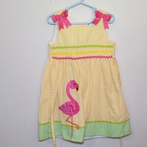 Rare Editions Yellow Gingham Sundress with Pink Flamingo Girls Size 4
